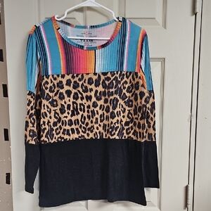 Colorful Striped and Leopard Print Long Sleeve Top